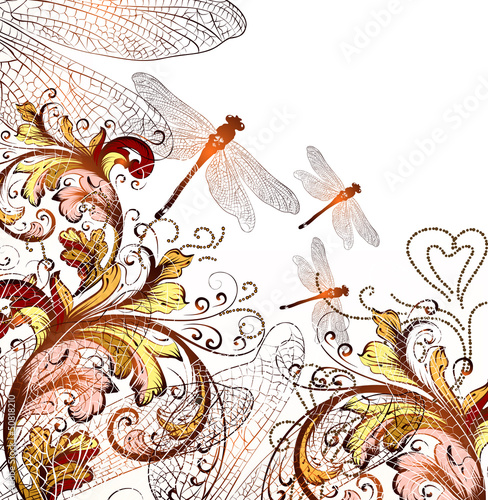 Cute floral hand drawn background with ornament  and  dragonfly