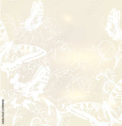 Elegant wedding background with roses and butterflies