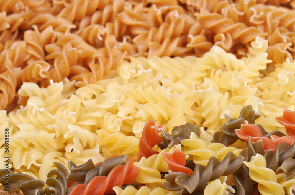Three types of fusilli pasta