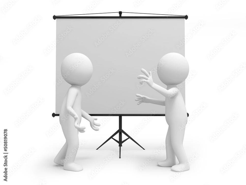 Two 3d men discussing , standing by the projector Two 3d men discussing , standing by the projector