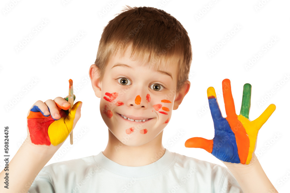 funny little painter with stained coloured hand funny little painter with stained coloured hand