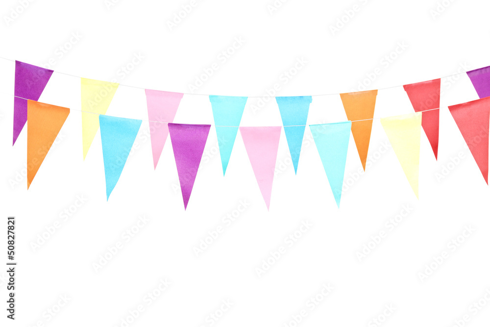A studio shot of a line of colorful party flags A studio shot of a line of colorful party flags