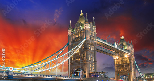 London, The Tower Bridge lights show at sunset