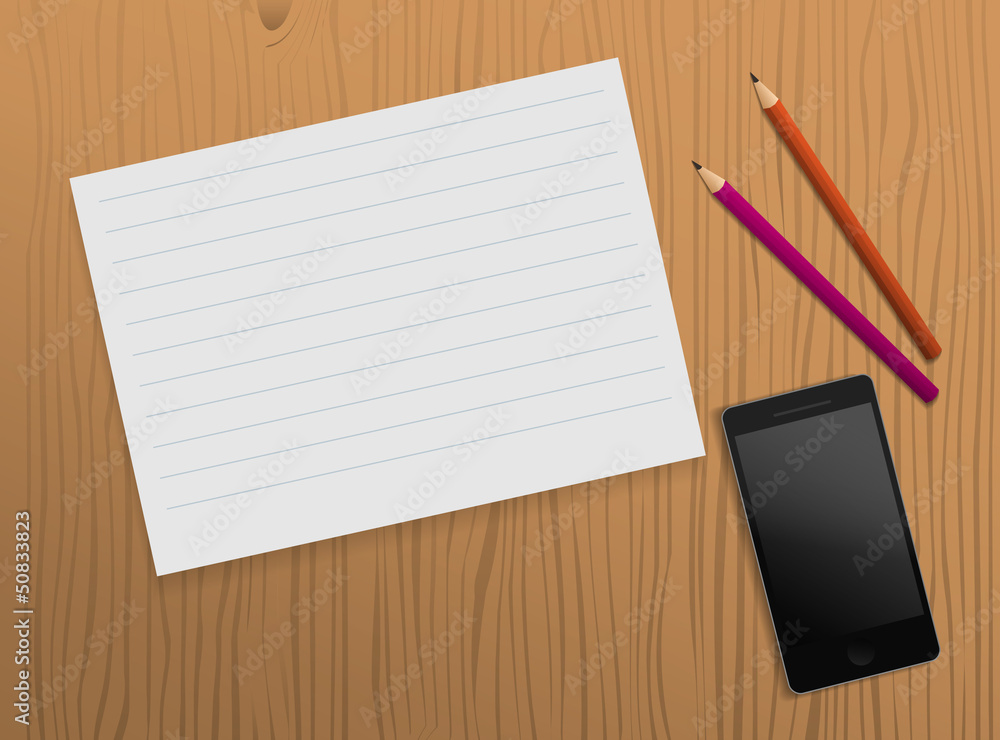 table with a sheet of paper, pencil and smartphone table with a sheet of paper, pencil and smartphone