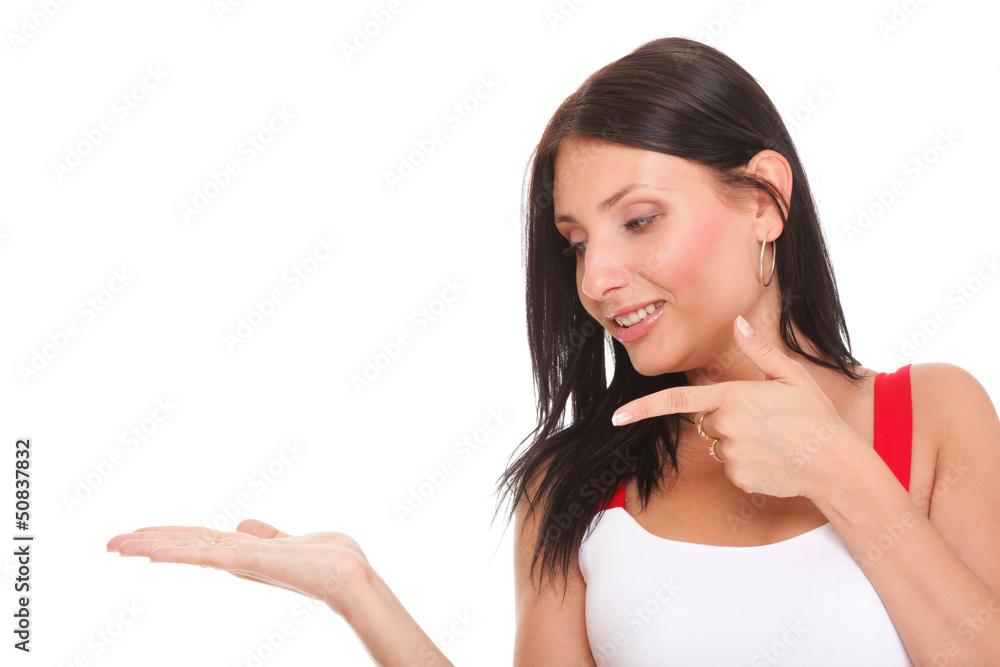 Young woman showing product open hand palm excited expression Young woman showing product open hand palm excited expression