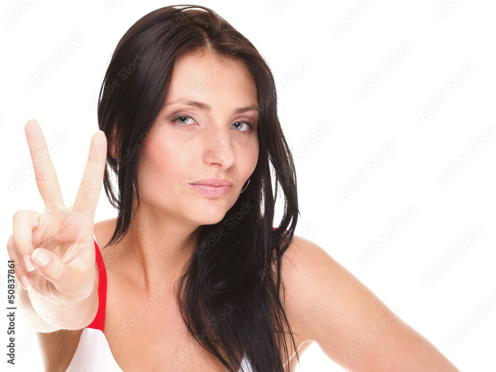 brunette girl smile shows you peace sign isolated brunette girl smile shows you peace sign isolated