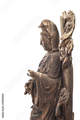 Statue of Guan Yin, Chinese Female God made of ancient wood