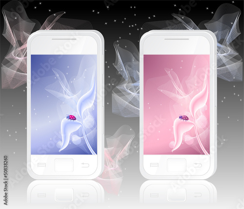 Two white mobile phones with  ladybird on abstract