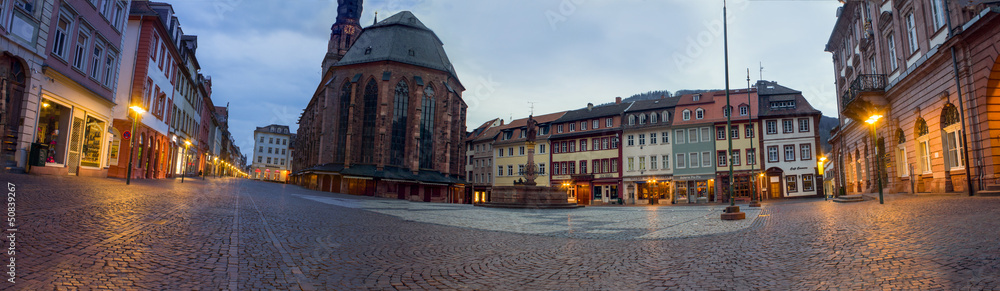 Heidelberg Heiliggeistkirche place panorama at dawn