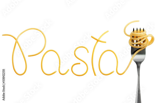 Word pasta made of cooked spaghetti with fork