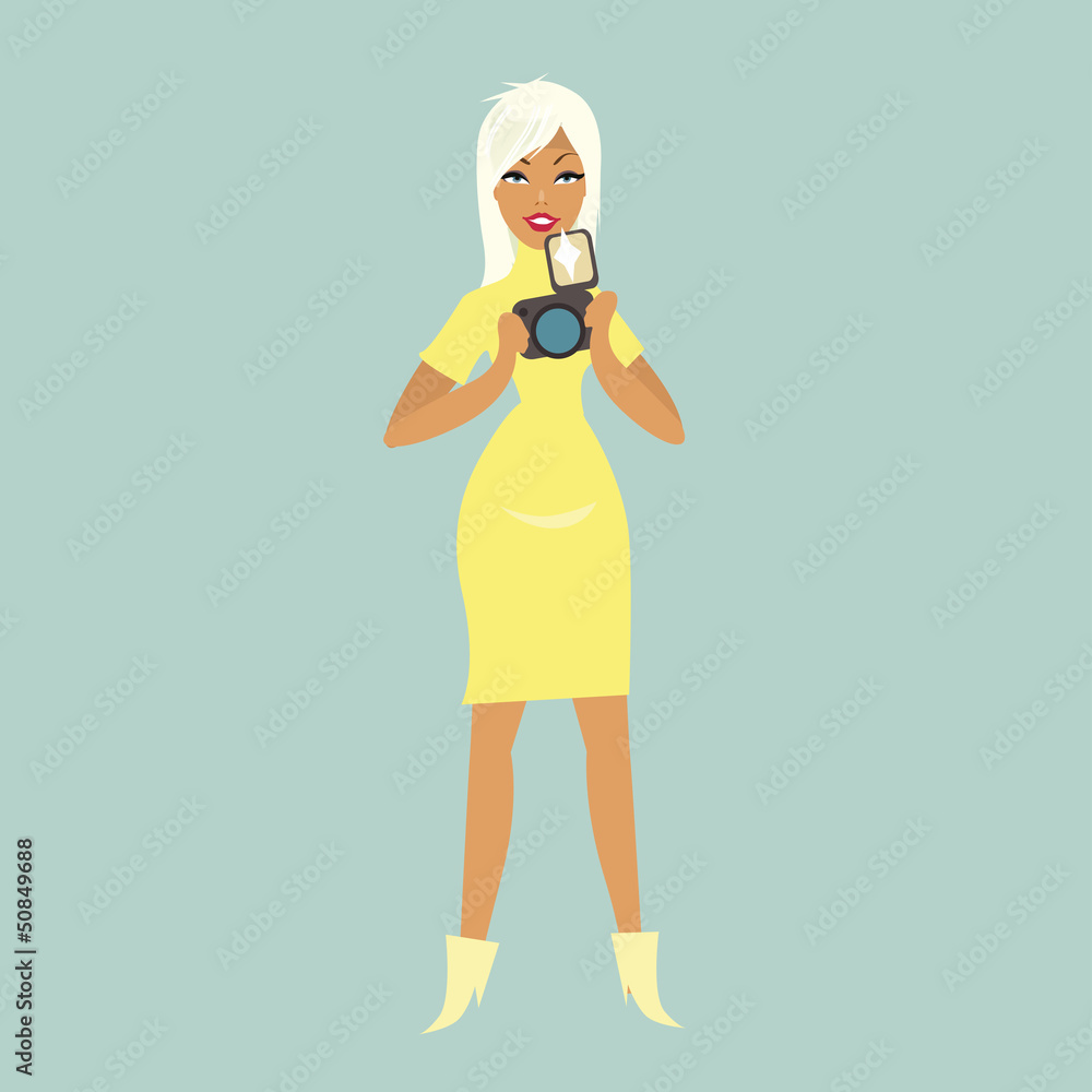 Cute blonde girl with photo cameraPrint Cute blonde girl with photo cameraPrint
