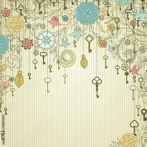 Fototapeta Naklejka Na Ścianę i Meble -  Vintage background with doodle flowers and keys
