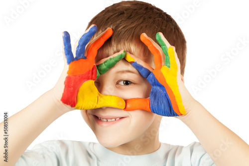 happy boy with stained coloured hand