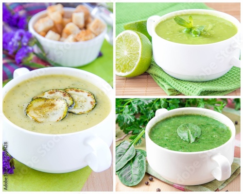 Quadro em tela Collage with a green healthy cream soups for menu