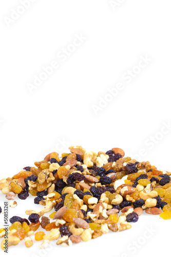 mixed nuts and raisins on white
