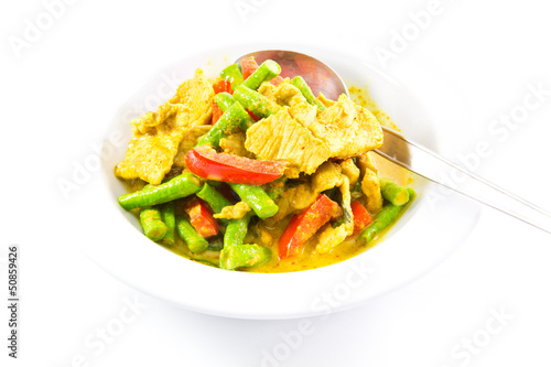 Stired slice pork in spicy curry with beans