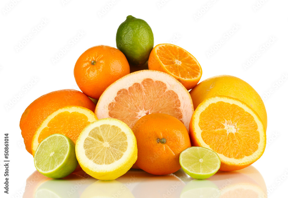 Lots ripe citrus isolated on white