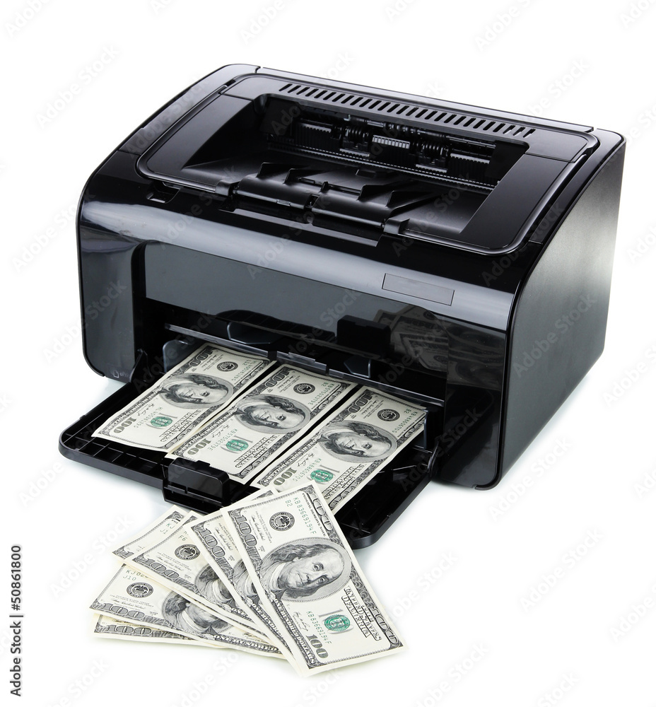 Printer printing fake dollar bills isolated on white Printer printing fake dollar bills isolated on white