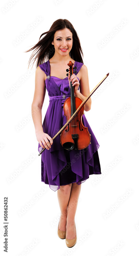 Beautiful young girl with violin, isolated on white Beautiful young girl with violin, isolated on white