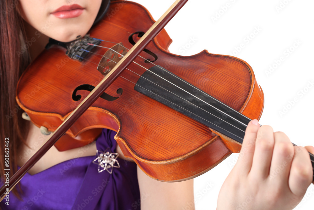 Beautiful young girl with violin, isolated on white Beautiful young girl with violin, isolated on white