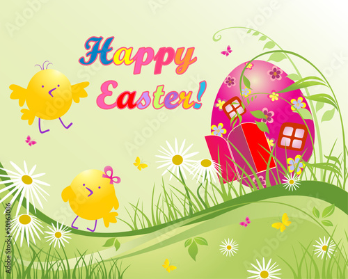 Funny easter card with chicken house