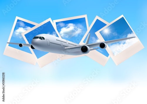 Travel background with airplane in front of photos of blue sky.
