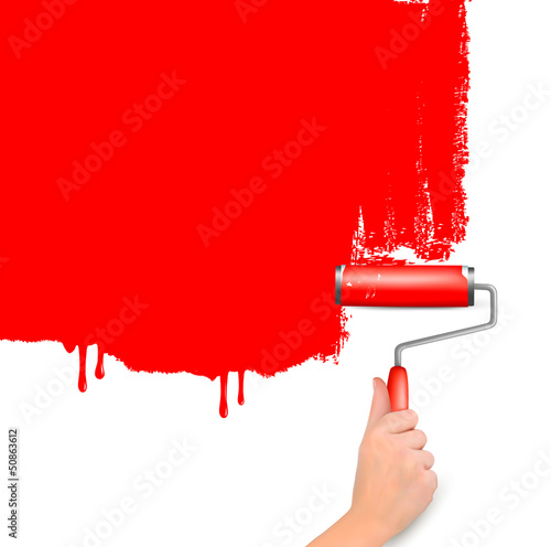 Red roller painting the white wall. Background vector.