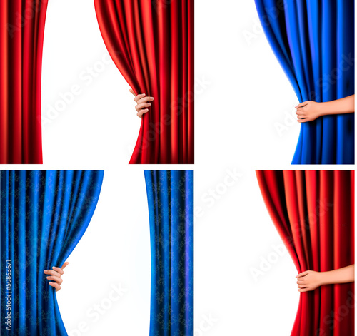 Set of backgrounds with red and blue velvet curtain and hand. Ve