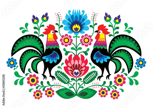 Polish floral embroidery with cocks - traditional folk pattern