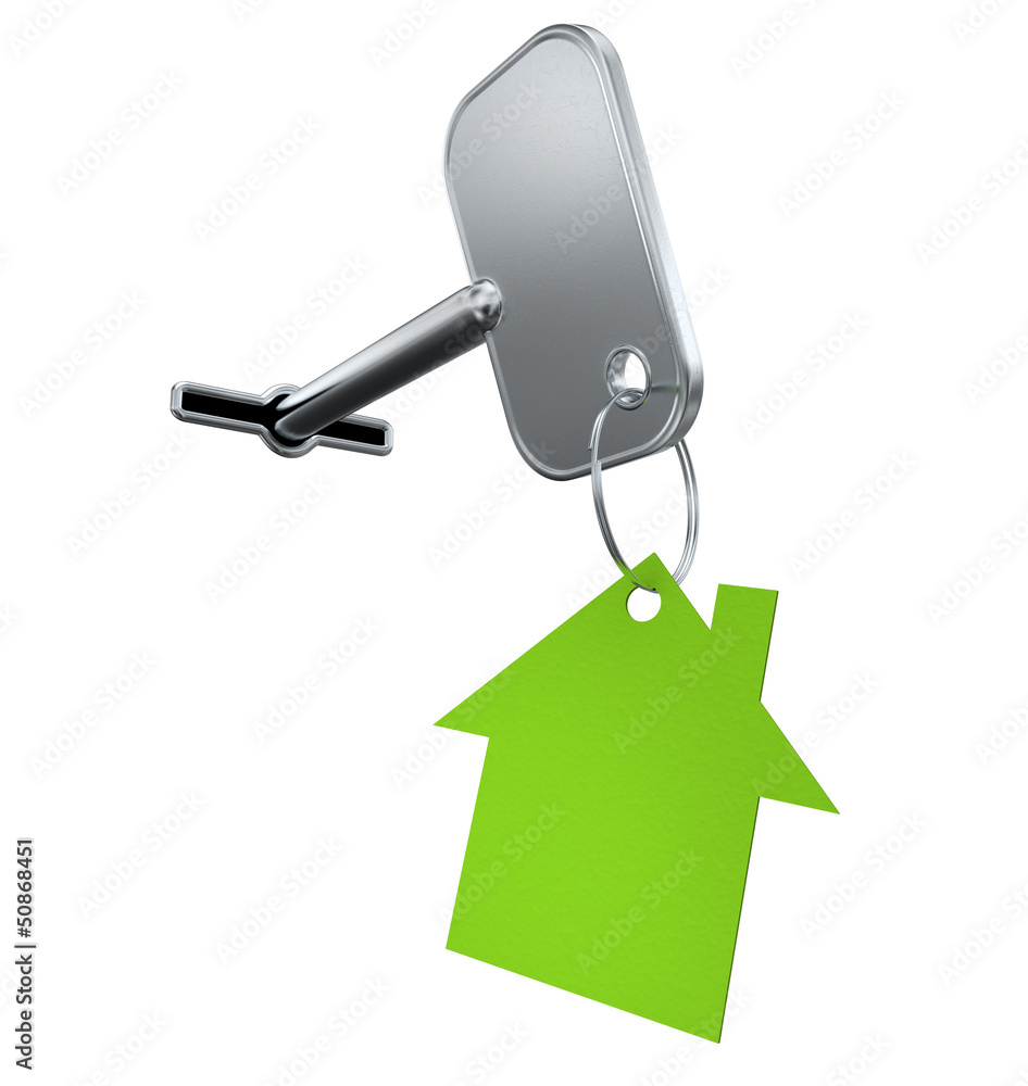 key with a green house-shape label, 3d image with work path