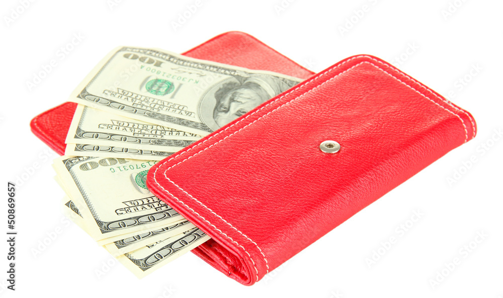 Purse with hundred dollar banknotes, isolated on white Purse with hundred dollar banknotes, isolated on white