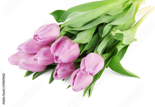 Fototapeta Naklejka Na Ścianę i Meble -  Beautiful bouquet of purple tulips, isolated on white