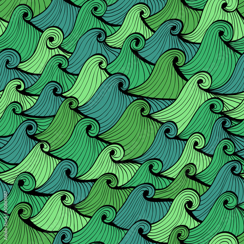 Seamless blue and green hand drawn background with waves. Eps10