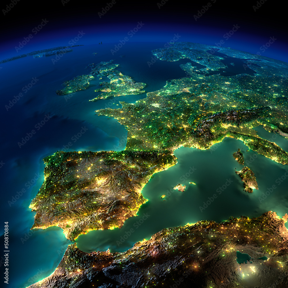 Fototapeta Noc Ziemia. Kawałek Europy - Hiszpania, Portugalia, Francja