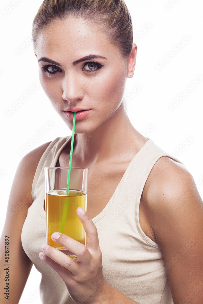 woman with apple juice. Concept vegetarian diet woman with apple juice. Concept vegetarian diet