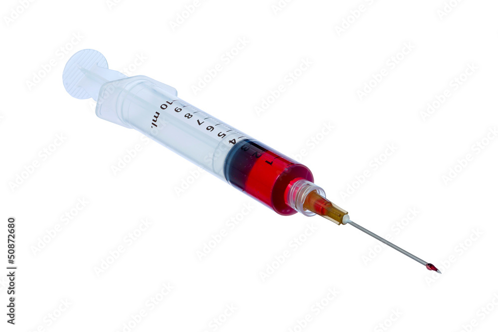 Plastic disposable syringe filled with red liquid. Plastic disposable syringe filled with red liquid.