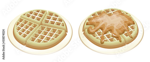 Two Tradition Round Waffles on White Plates © Iamnee