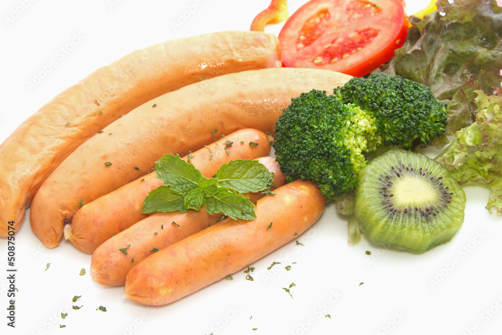 Smoked sausages and cheese sausages with vegetable Smoked sausages and cheese sausages with vegetable