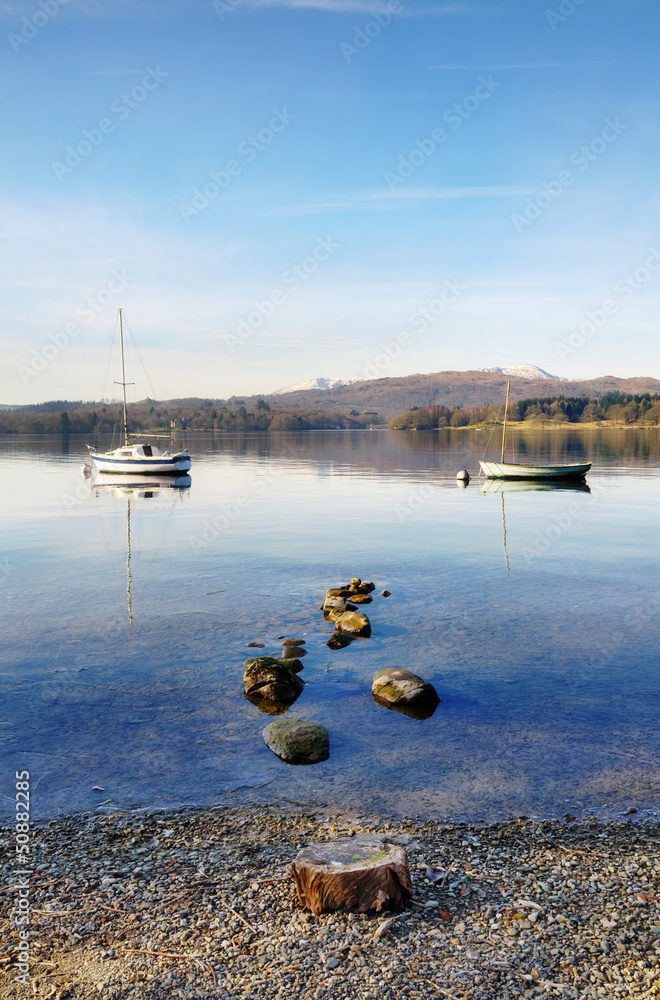 Obraz premium Two boats moored on Lake Windermere