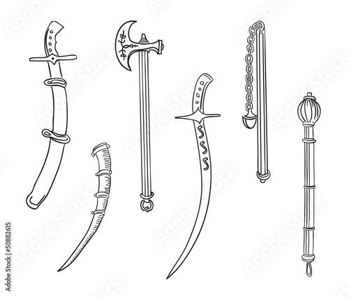 Swords, ax and mace. Set of ancient weapons.