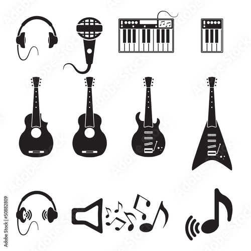 Set of vector black music icons on white