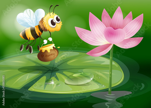 A bee with a pot of honey above a waterlily
