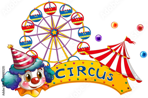 A circus signboard with a clown and a tent