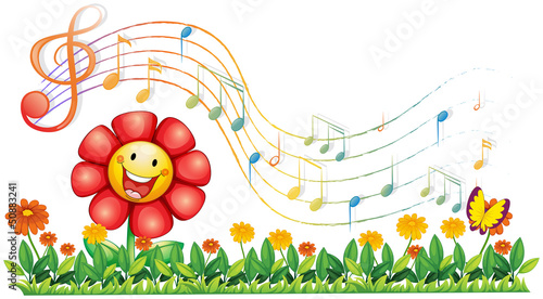 A red flower in the garden with musical notes