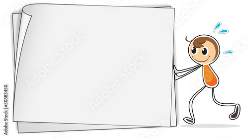 A boy pushing a big blank paper