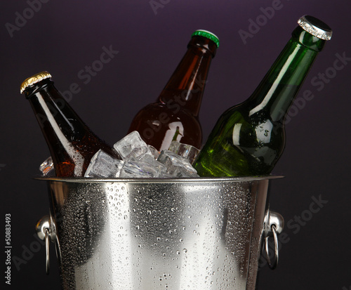 Beer bottles in ice bucket on darck purple background
