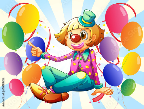 A female clown with colorful balloons