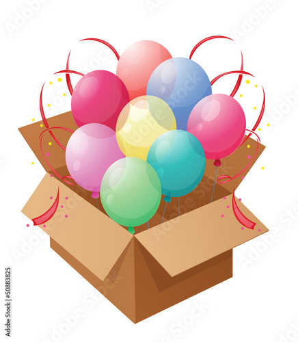 Eight colorful balloons inside a box