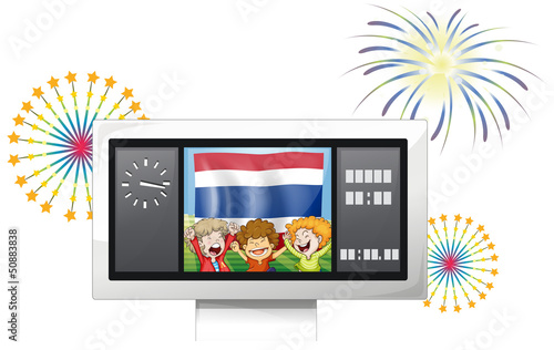 The flag of Netherlands and kids inside the scoreboard