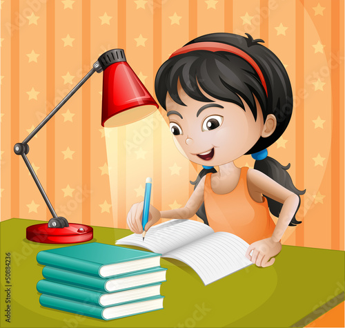 A girl writing with a lampshade